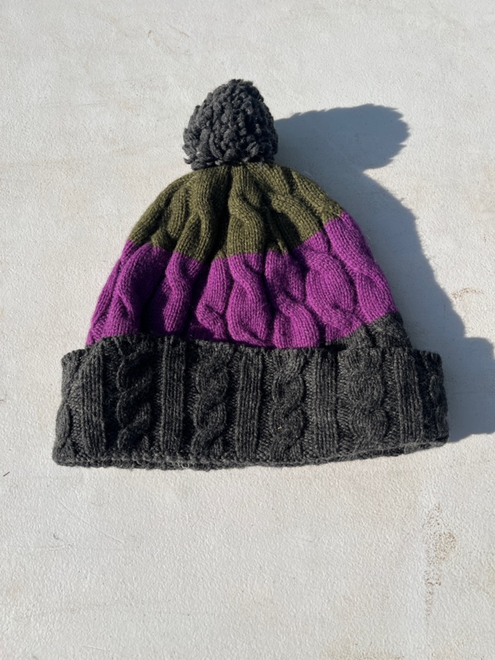 Patagonia Olive, Purple & Charcoal Cable Knit Pom Beanie